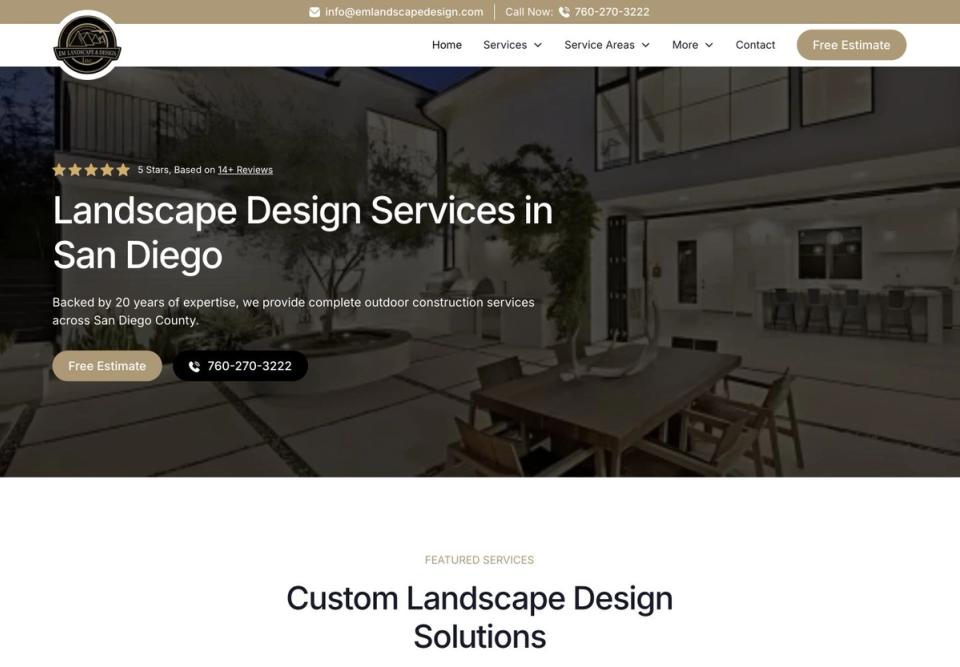 EM Landscape homepage with a San Diego landscape-design headline and estimate and phone buttons.