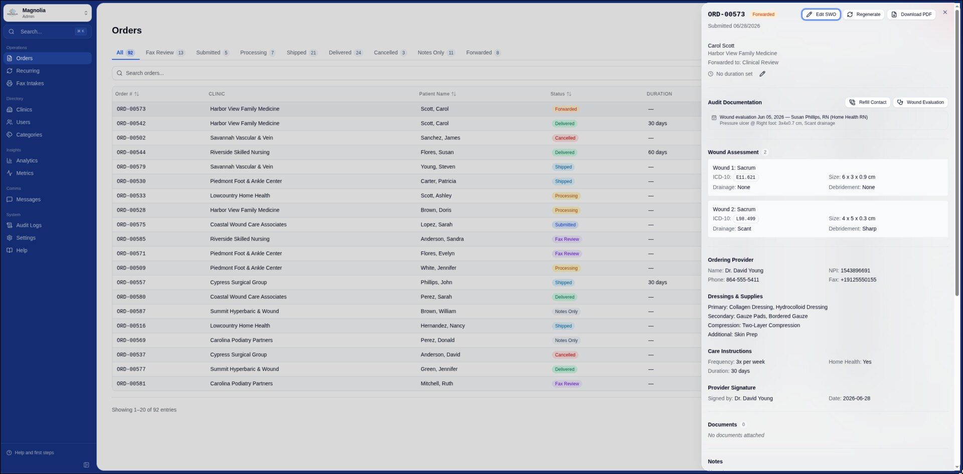 Operations dashboard order detail: the AI-extracted standard written order with wound assessment, ordering provider, dressings, and signature