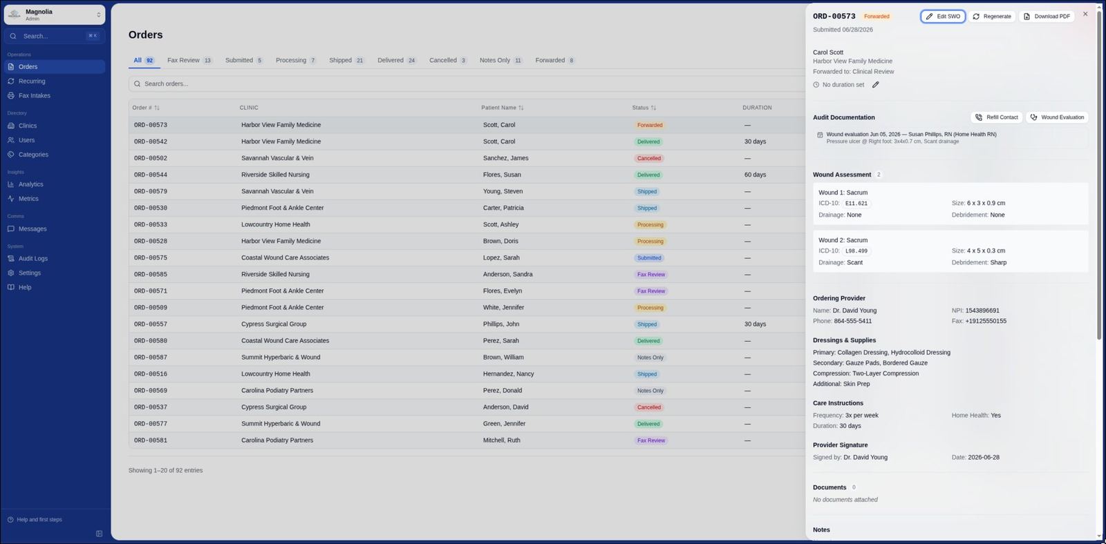 Operations dashboard order detail: the AI-extracted standard written order with wound assessment, ordering provider, dressings, and signature