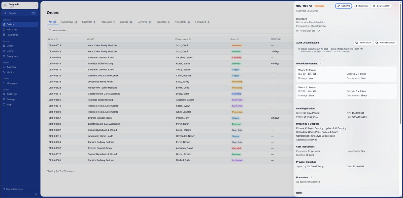 Operations dashboard order detail: the AI-extracted standard written order with wound assessment, ordering provider, dressings, and signature