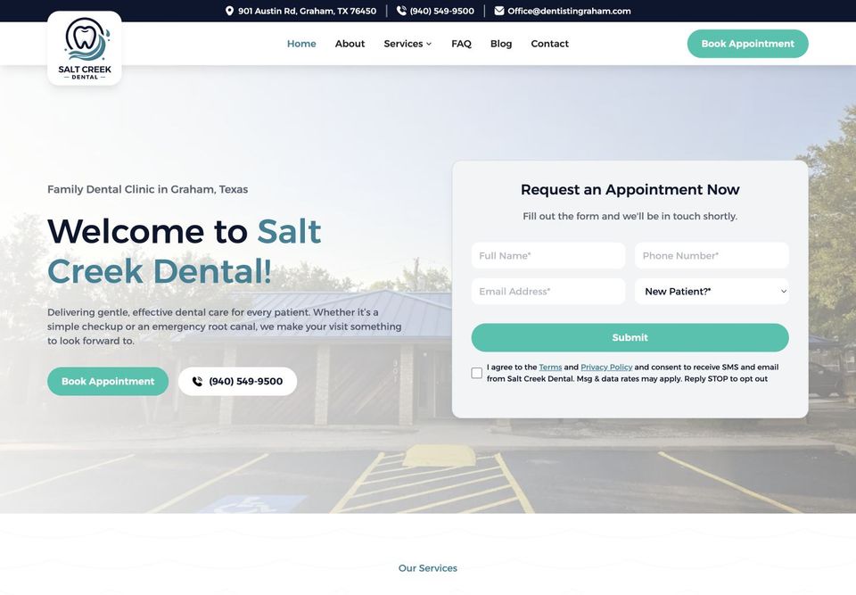 Salt Creek Dental homepage with an appointment-request form and wording that the practice will follow up.