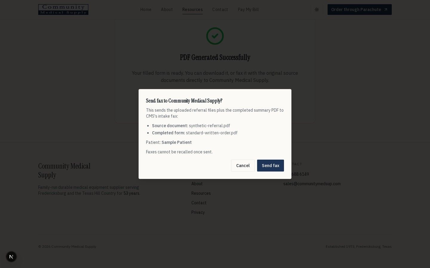 Community Medical Supply fax packet confirmation using synthetic sample data