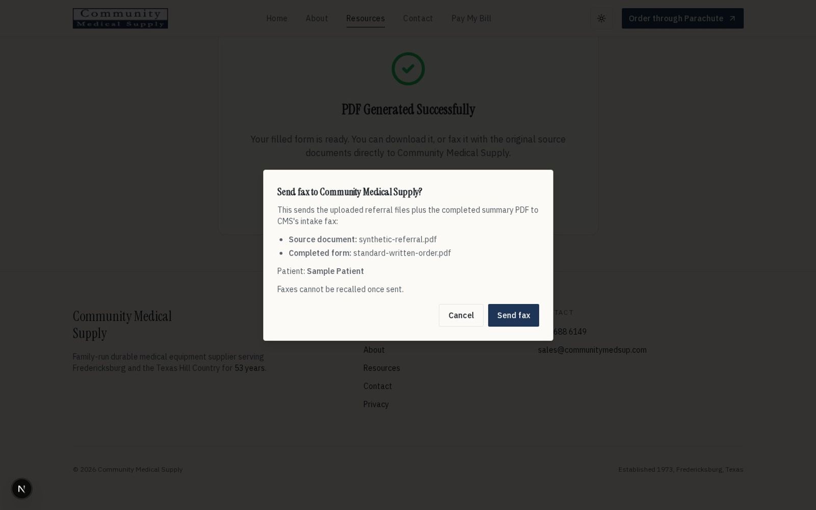 Community Medical Supply fax packet confirmation using synthetic sample data