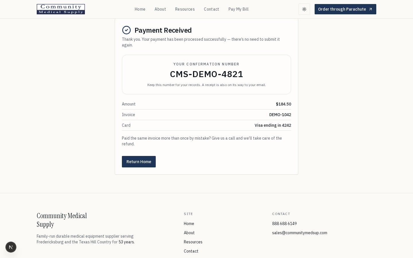 Community Medical Supply payment confirmation with synthetic transaction data