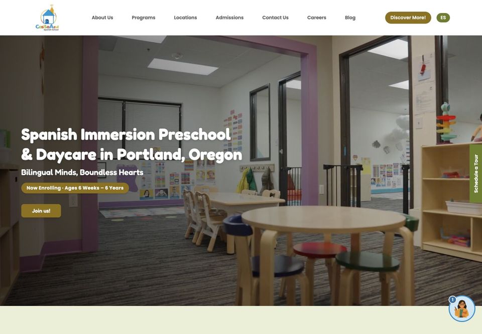 Casita Azul homepage with separate Programs and Locations navigation and preschool enrollment information.