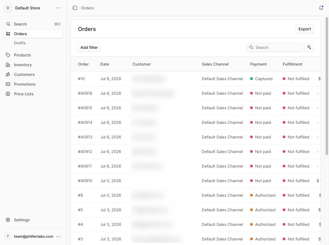The Medusa admin order queue with migrated Shopify order numbers, customer data blurred