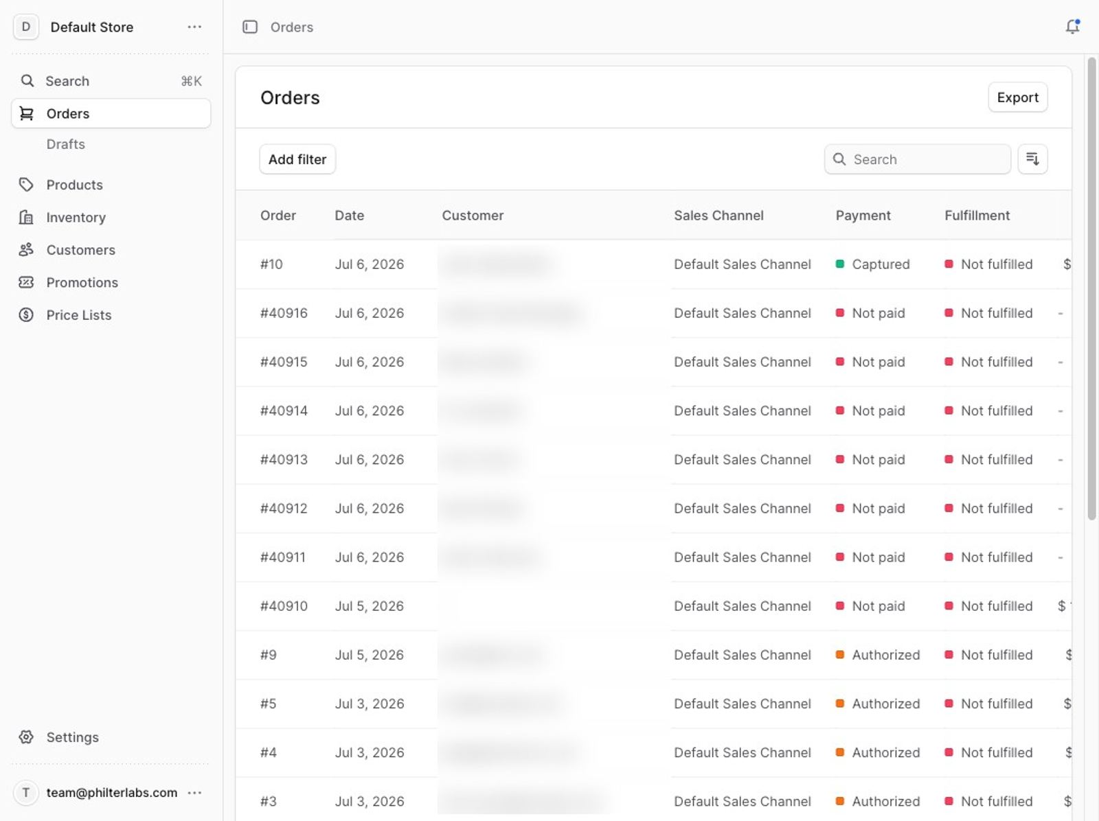 The Medusa admin order queue with migrated Shopify order numbers, customer data blurred