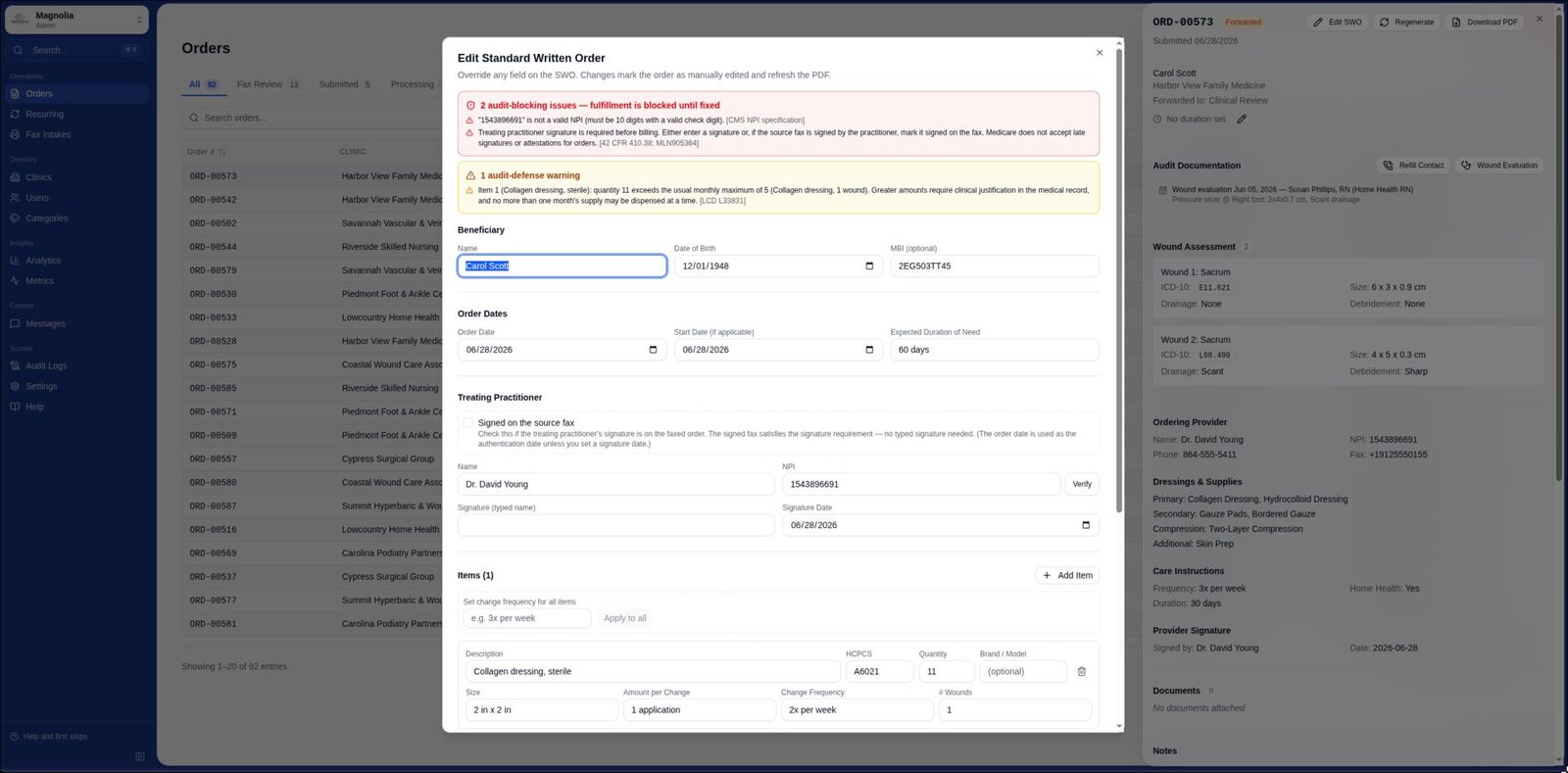 Standard written order editor flagging audit-blocking compliance issues with CMS and LCD citations before fulfillment