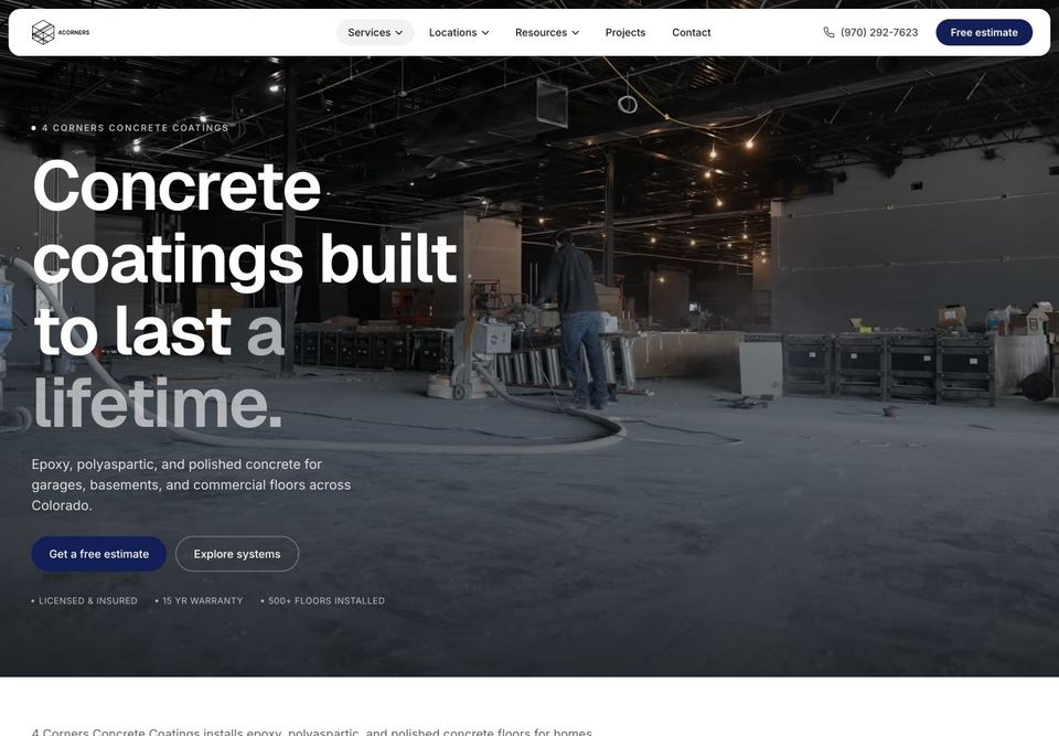 Four Corners homepage introducing concrete coating options and links to an estimate and floor systems.