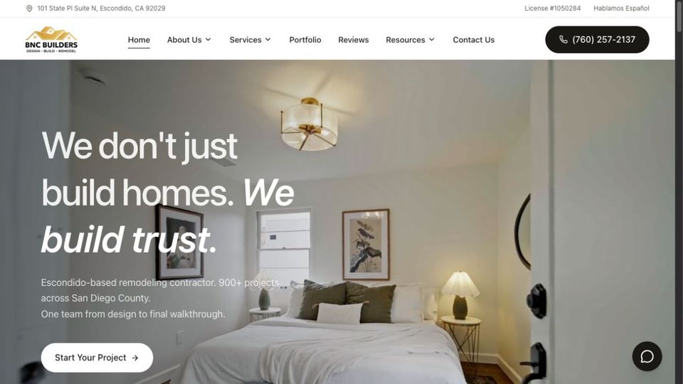 BNC Builders homepage with its license number, closed navigation menus, and Start Your Project button.
