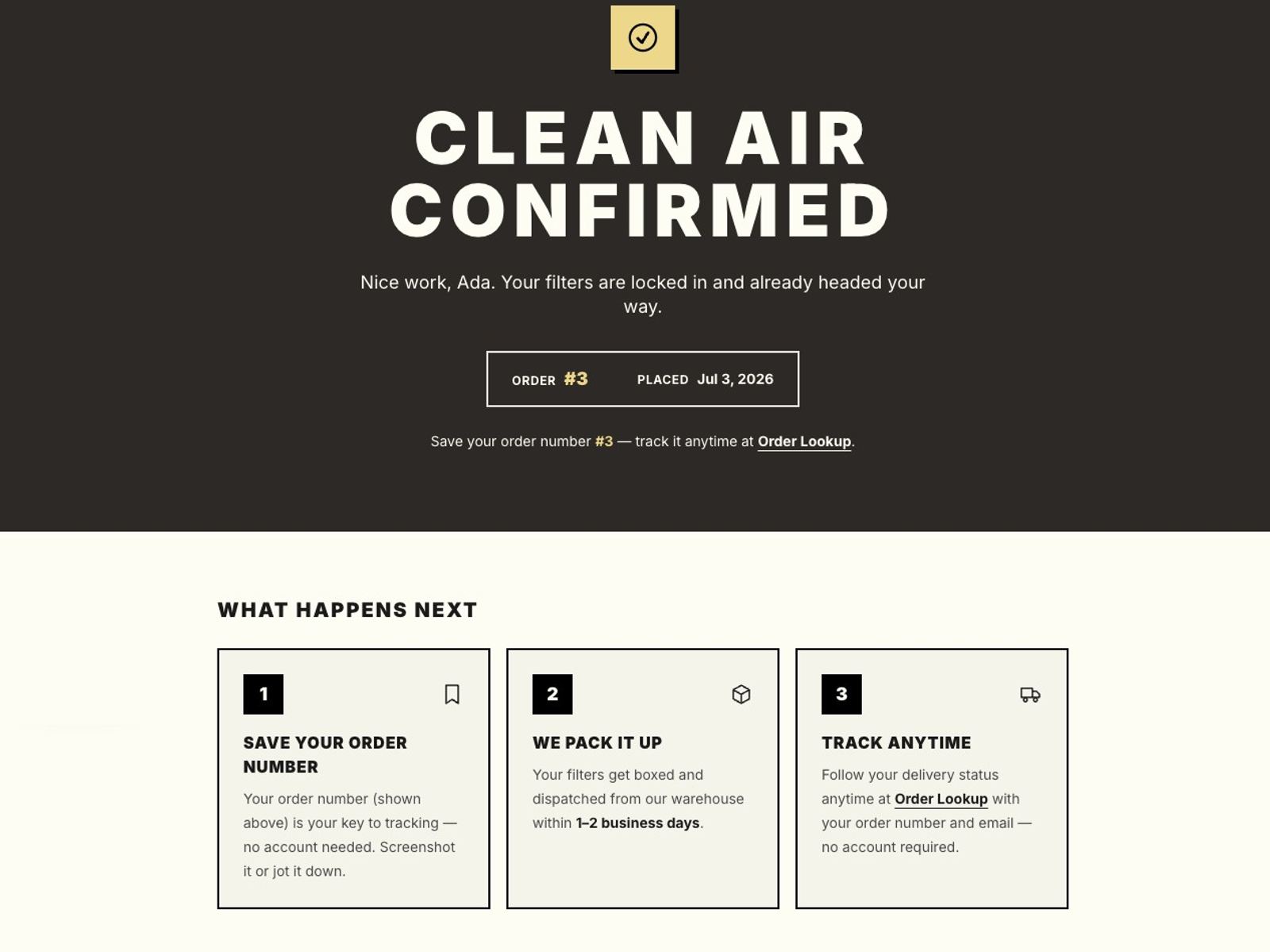 The order confirmation flow: packed and dispatched from the warehouse within 1 to 2 business days, tracked anytime