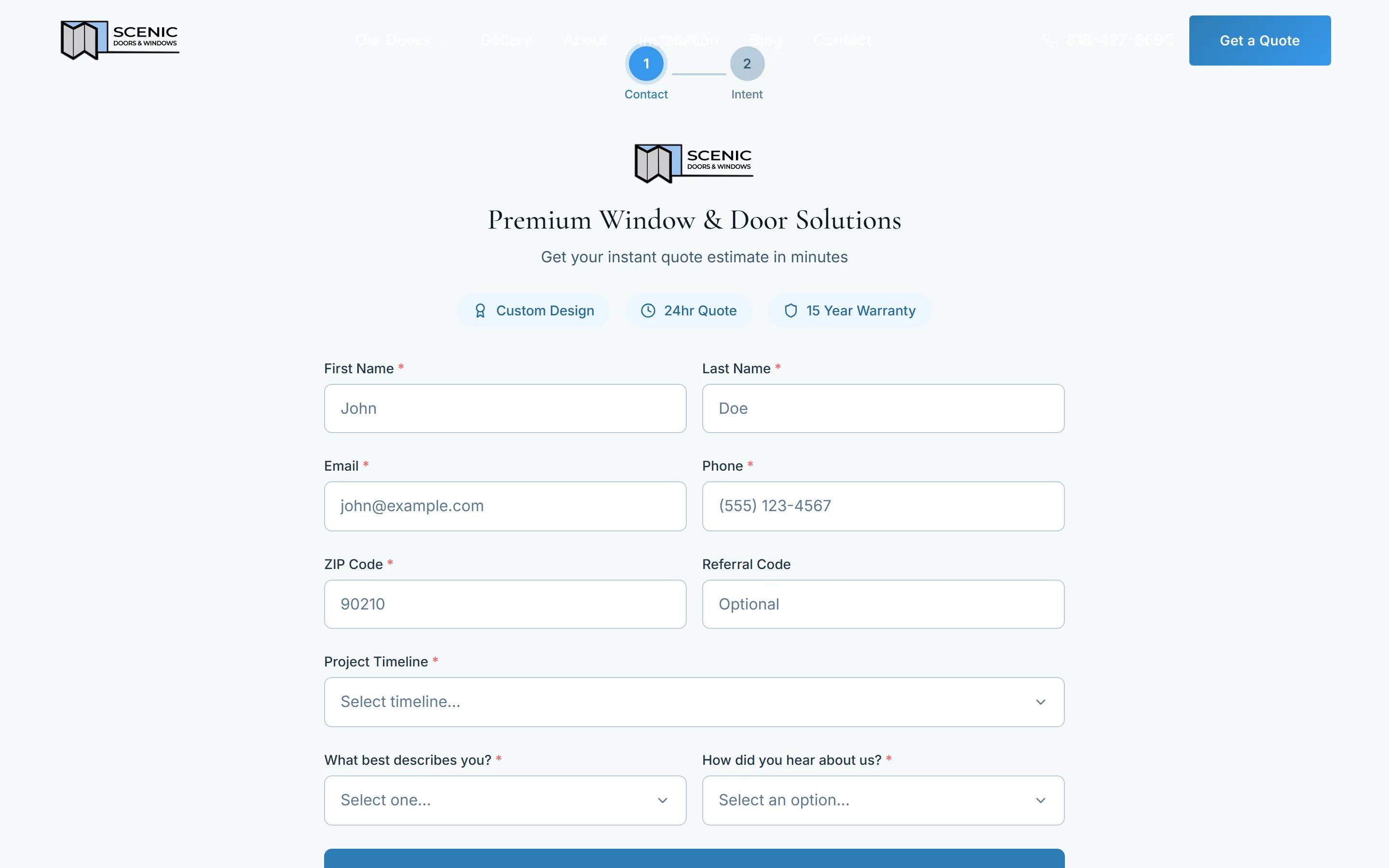 Scenic Doors online quote wizard