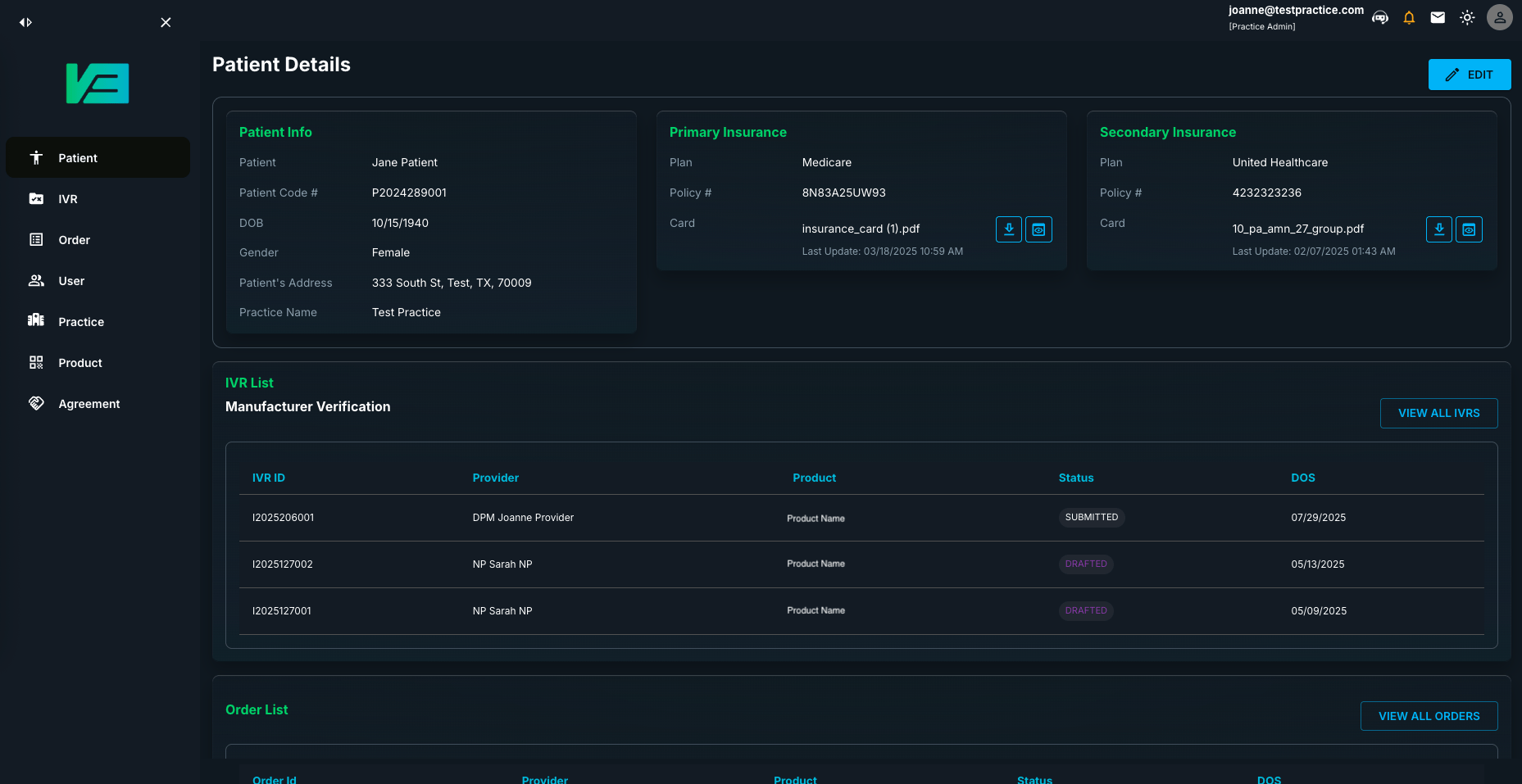 V3 BioMedical insurance verification dashboard
