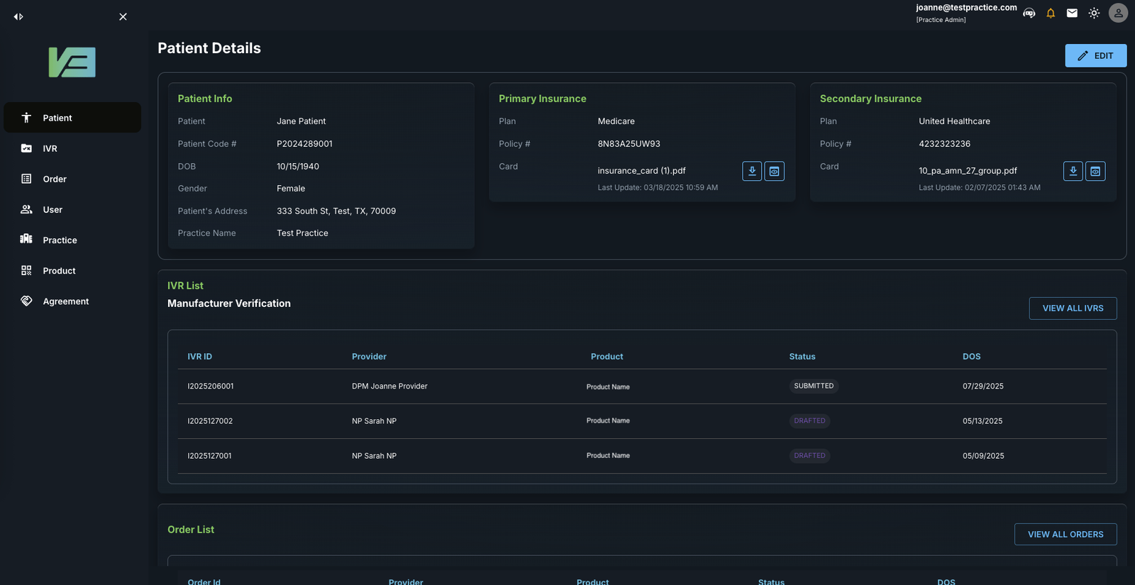V3 BioMedical insurance verification dashboard