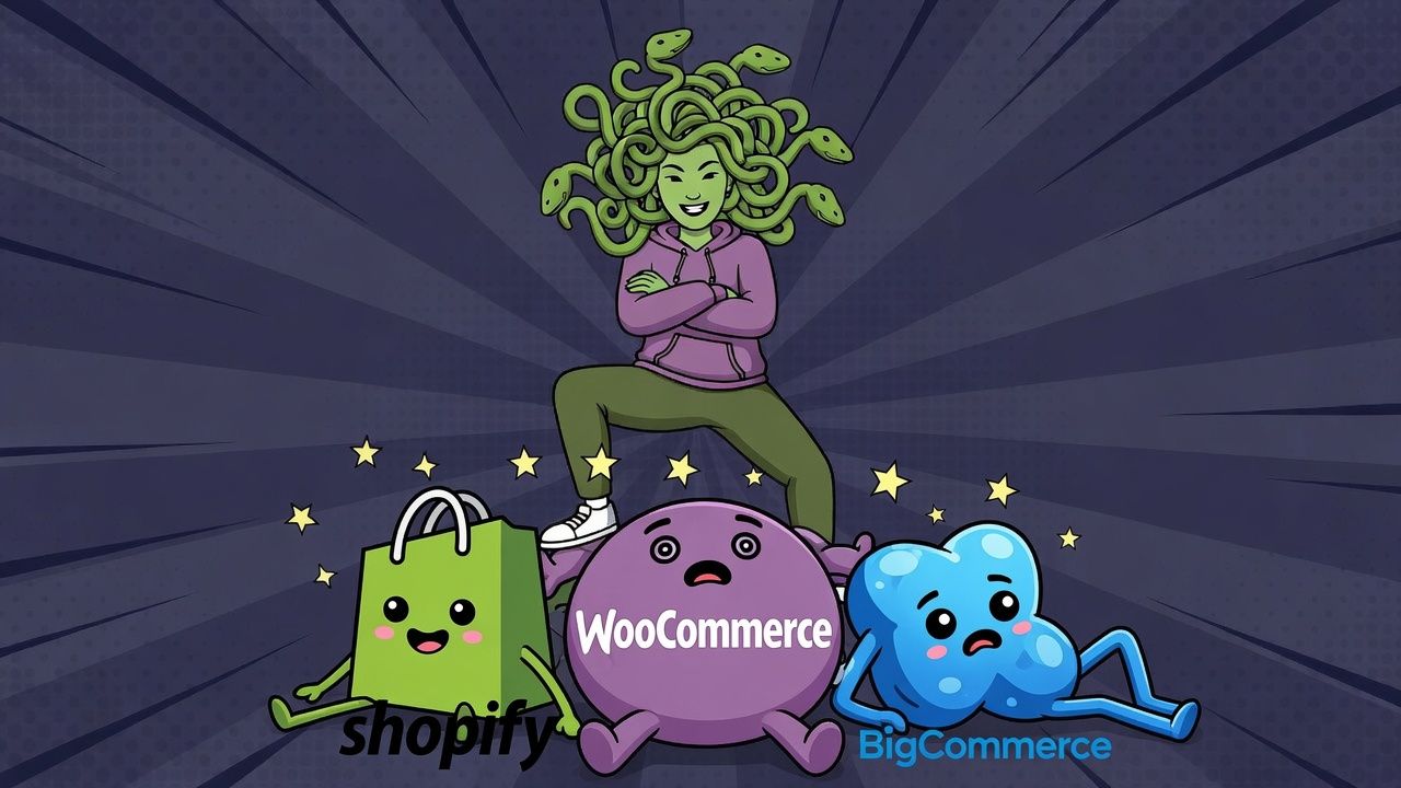 Comic-book cartoon of Medusa standing victorious on top of defeated Shopify, WooCommerce, and BigCommerce mascots