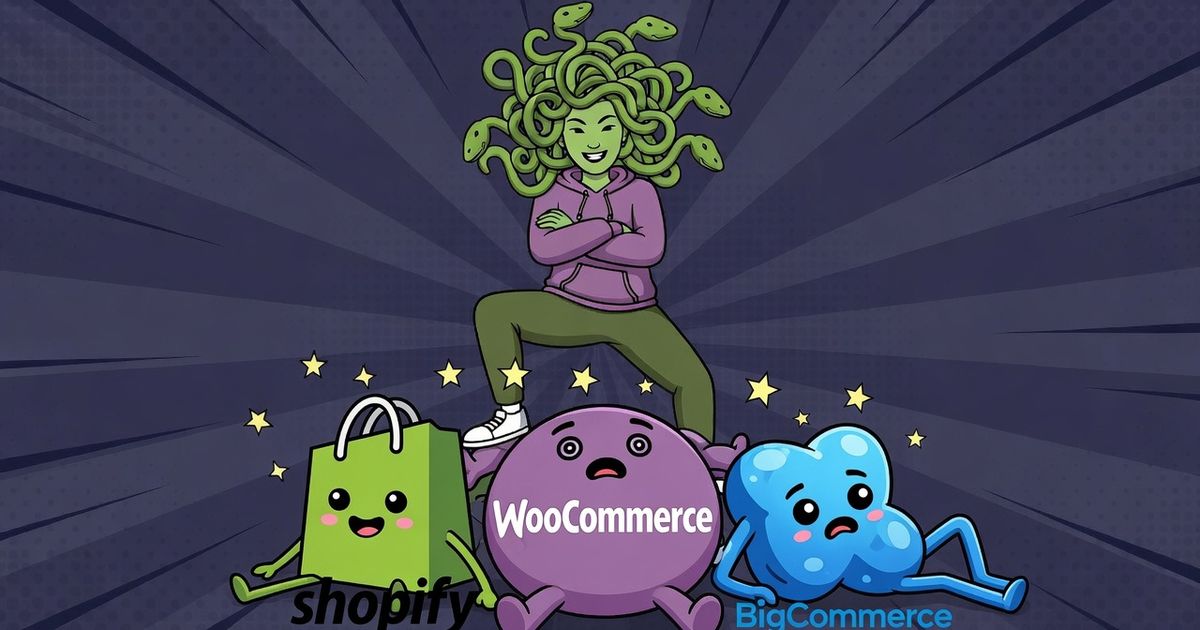 Comic-book cartoon of Medusa standing victorious on top of defeated Shopify, WooCommerce, and BigCommerce mascots