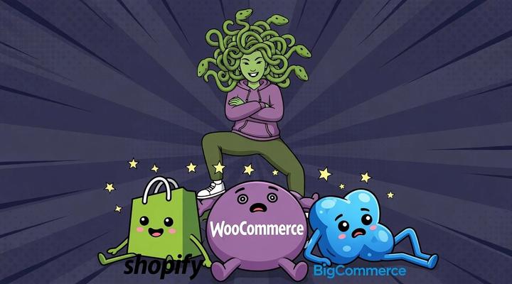 Comic-book cartoon of Medusa standing victorious on top of defeated Shopify, WooCommerce, and BigCommerce mascots