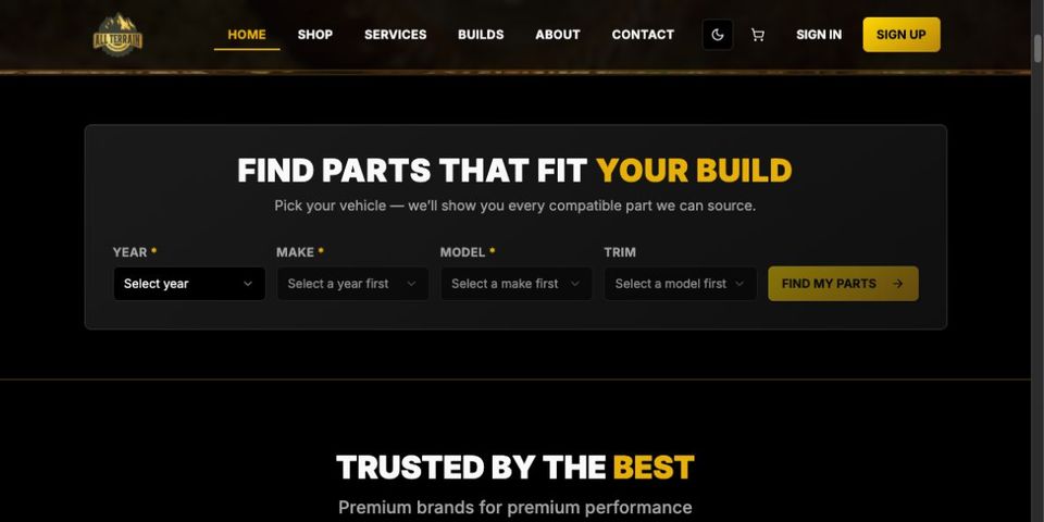 All Terrain Performance vehicle selector with year, make, model, and trim fields.