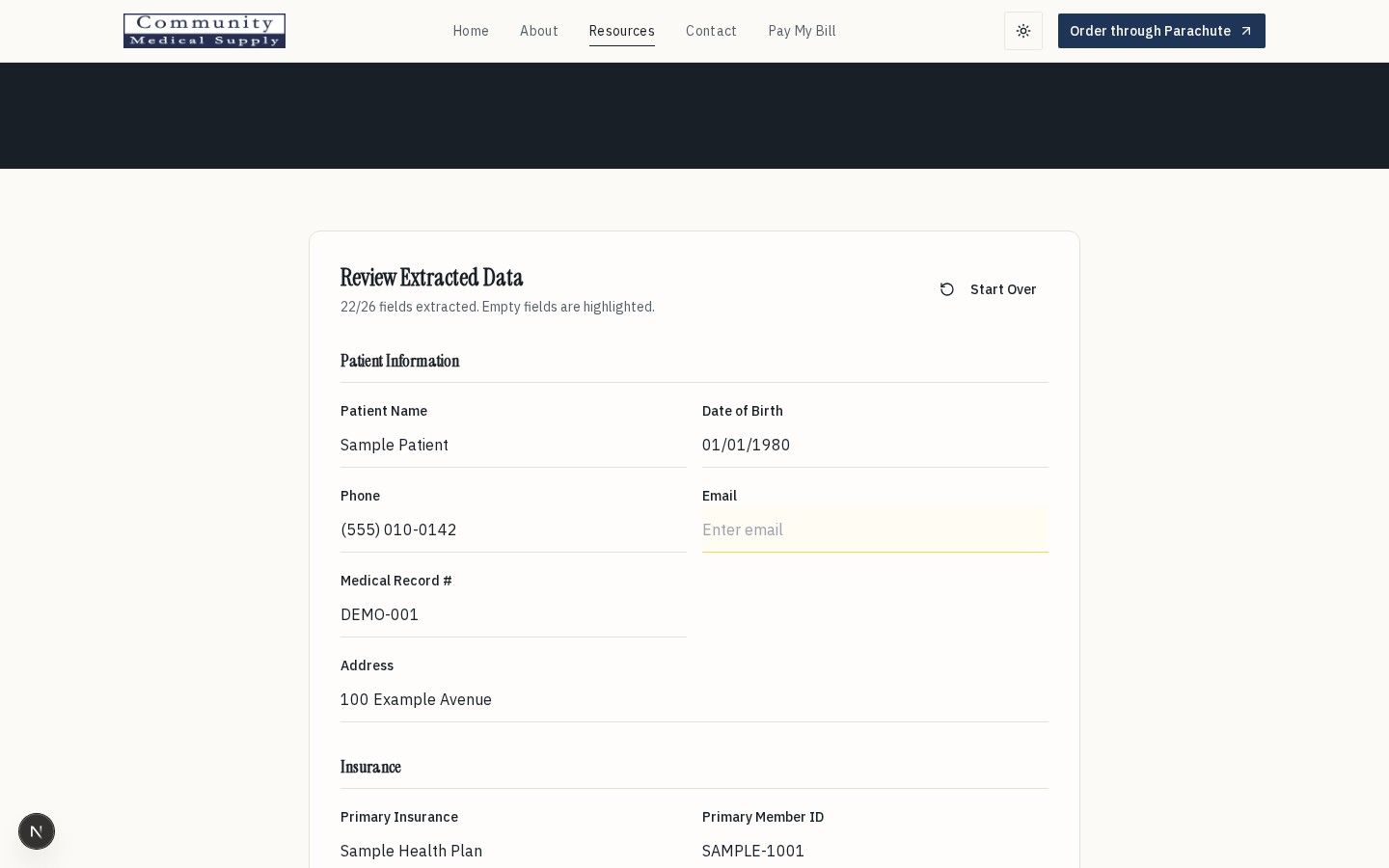 Community Medical Supply extracted referral review with synthetic sample data