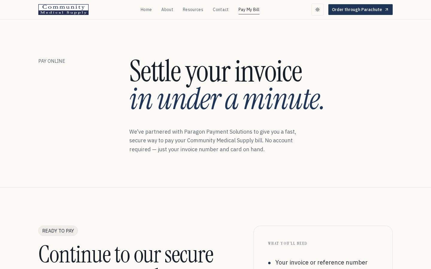 Community Medical Supply online bill pay page
