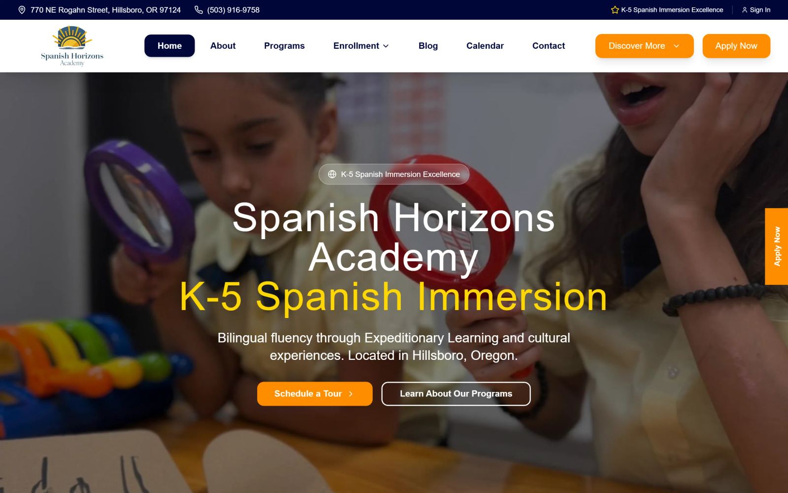 Spanish Horizons Academy K-5 immersion school website