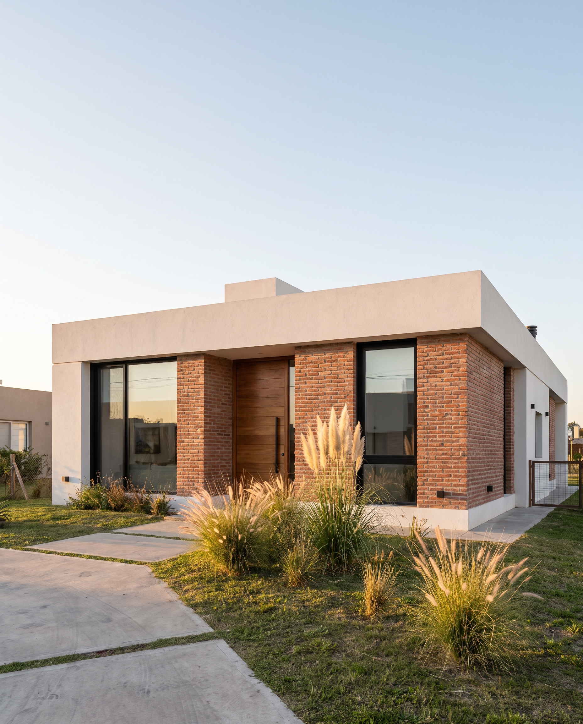[EJEMPLO] Frente de la vivienda en ladrillo visto y revoque blanco
