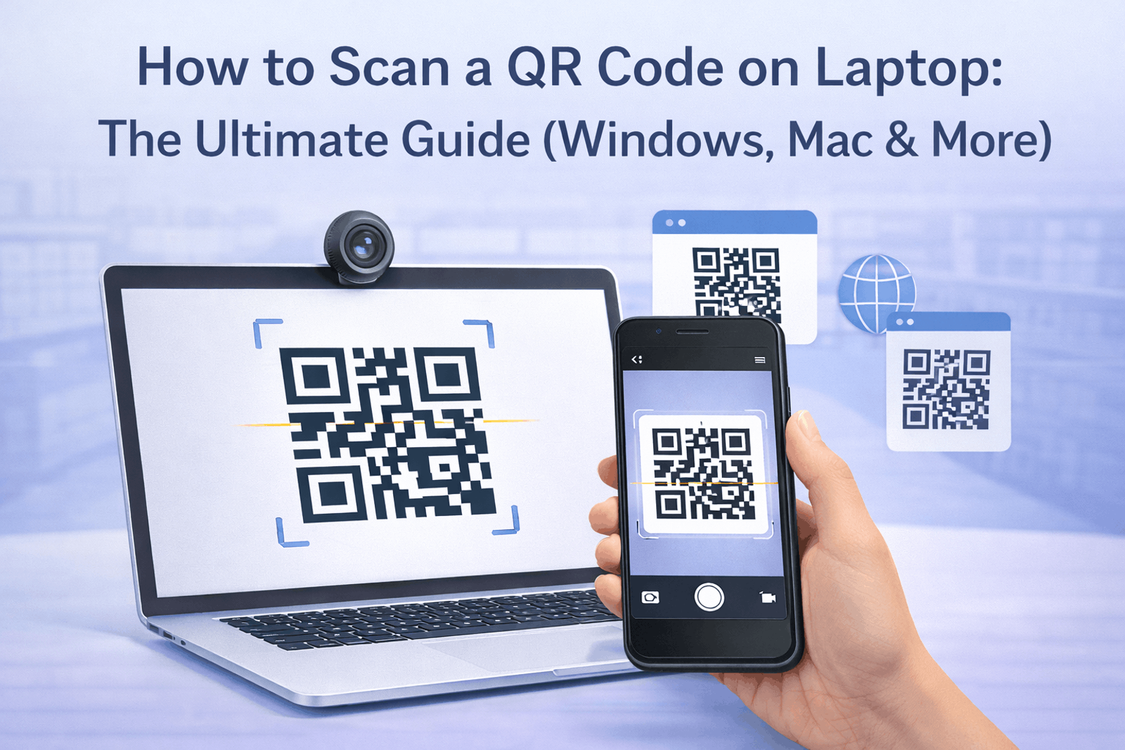 A person's hand holding a smartphone pointed at a QR code displayed on a laptop screen, with other icons representing webcams and online tools in the background.