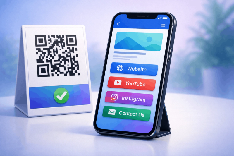 A smartphone displaying a landing page with multiple clickable links after scanning a multi-URL QR code
