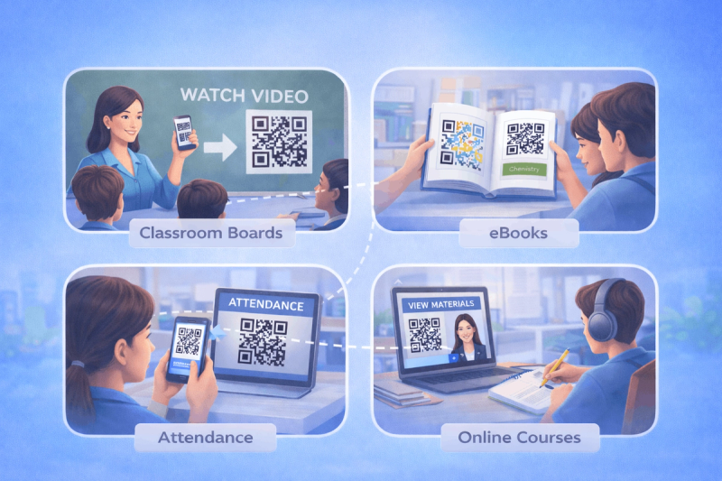 Digital illustration of students and teachers using QR codes in education, classroom boards, eBooks, attendance, and online courses