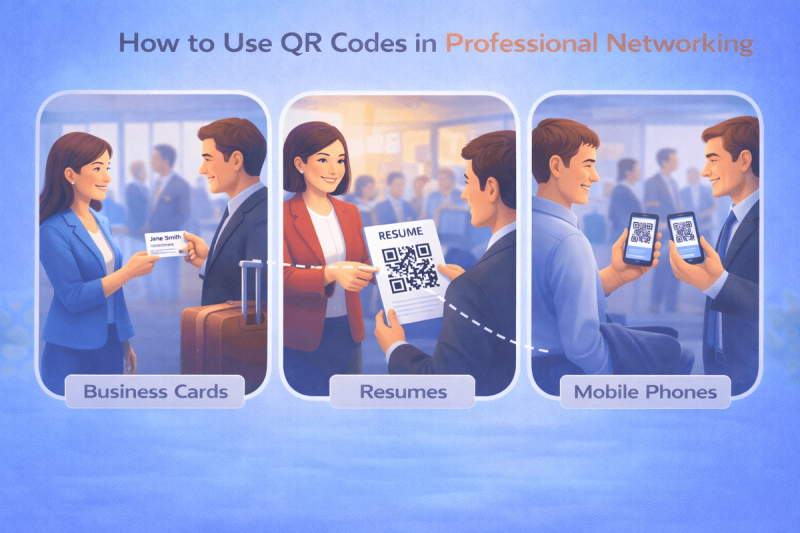 Digital illustration of professionals networking using QR codes on business cards, resumes, and mobile phones