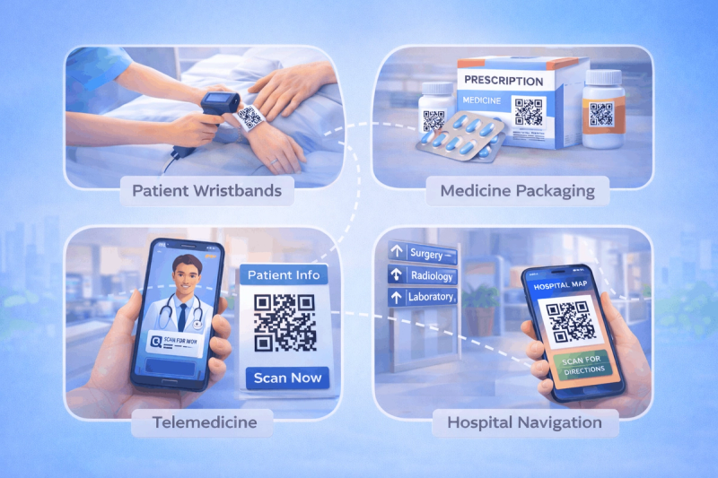 Digital illustration showing QR code use in healthcare: patient wristbands, medicine packaging, telemedicine, and hospital navigation