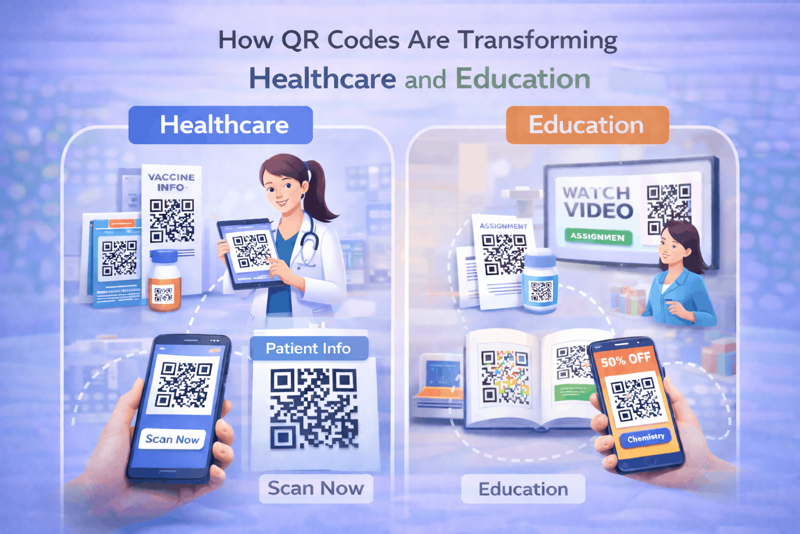 Flat-style digital illustration showing QR codes used in both healthcare and education