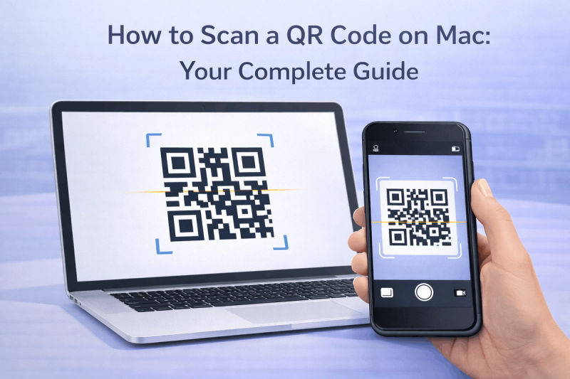 A close-up of a MacBook screen displaying a QR code, with an iPhone camera focused on it, suggesting easy scanning.