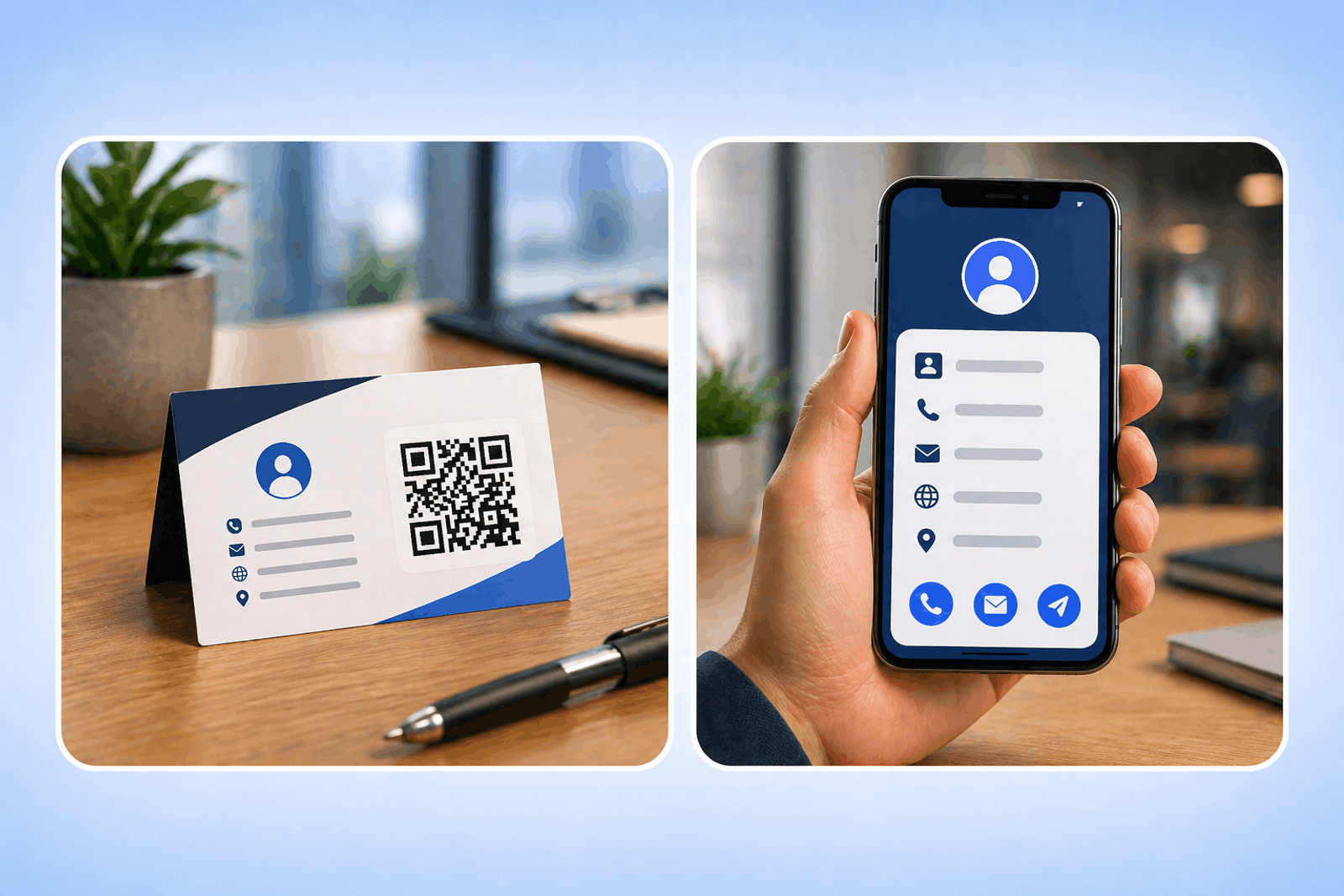 Business card with QR code for instant contact sharing and networking