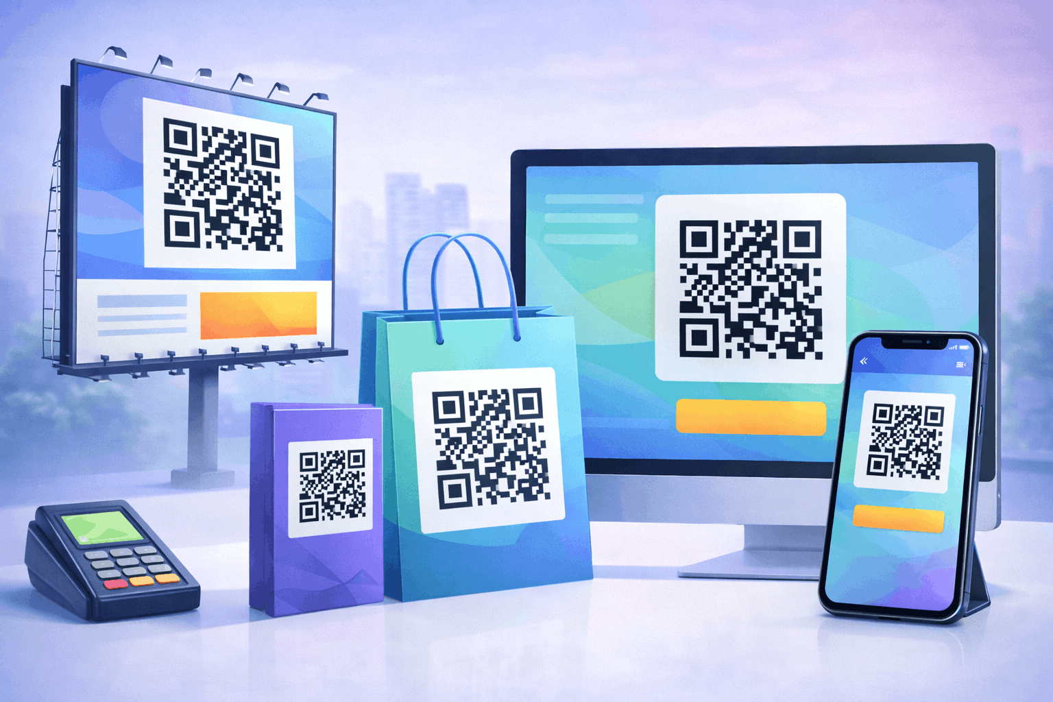 A creative marketing campaign illustration showing QR codes on billboards, packaging, and digital ads
