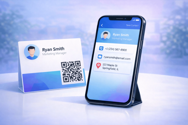 A smartphone scanning a QR code on a digital business card, with contact details appearing on the screen