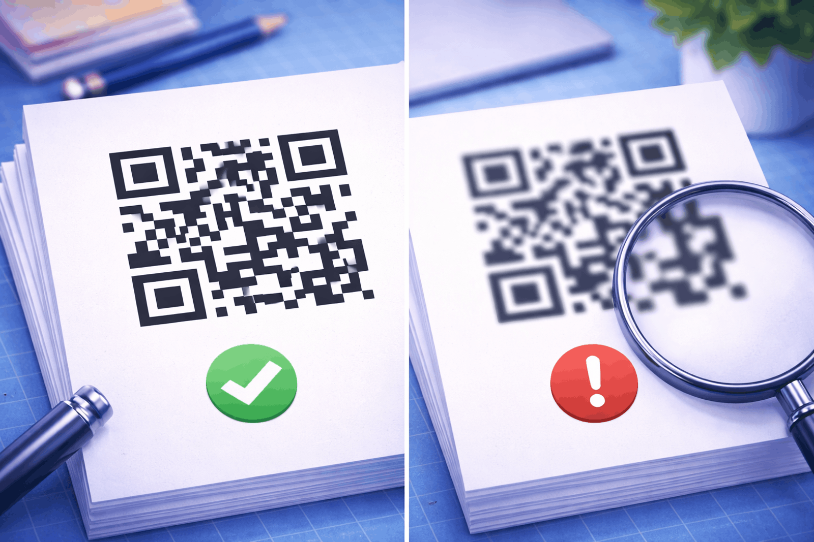 A close-up showing a perfectly printed, sharp QR code on a piece of paper, next to a blurred, low-quality printed QR code illustrating the difference