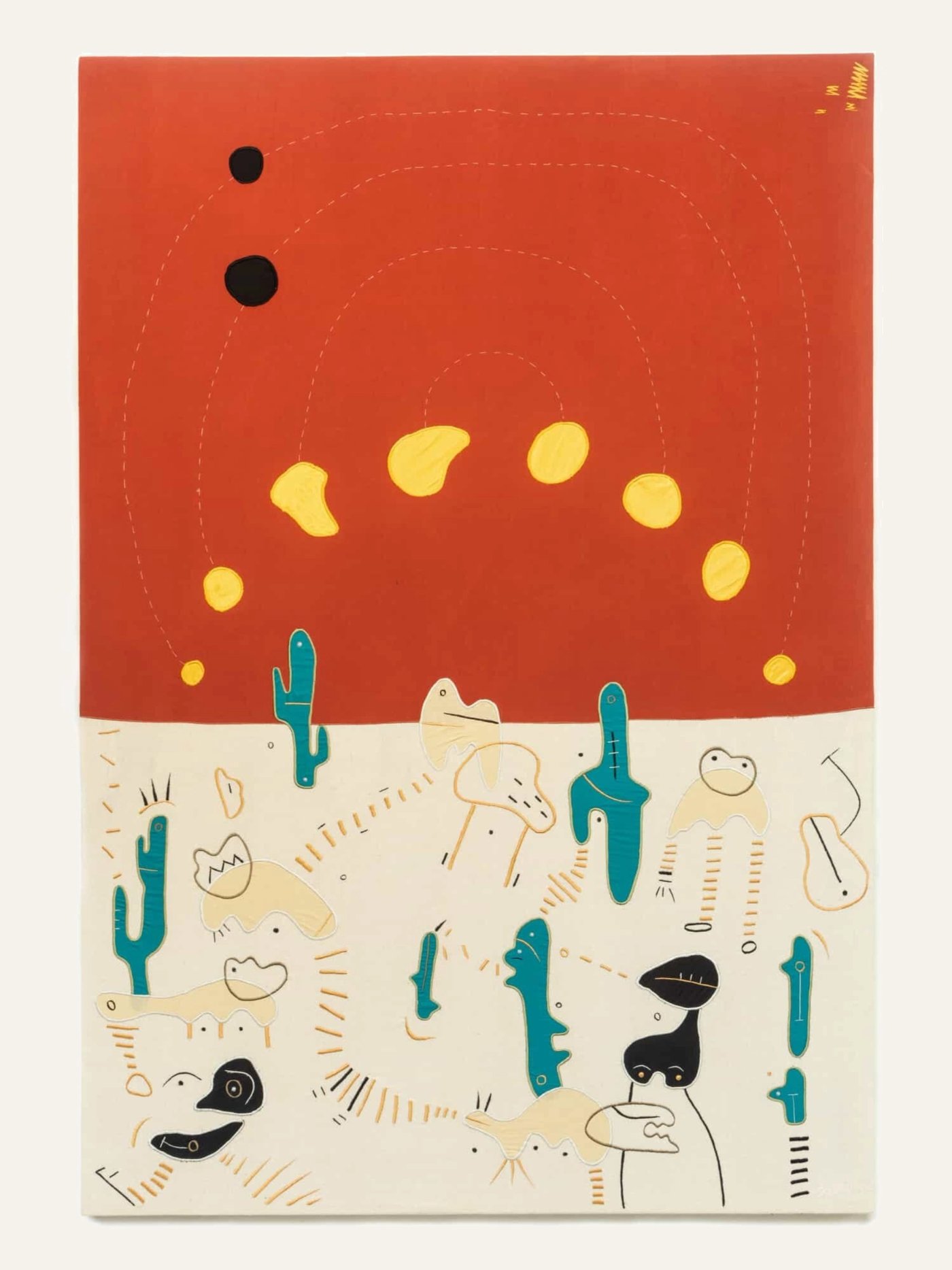 Sun Sets, Creatures Rise, shown to scale on a gallery wall