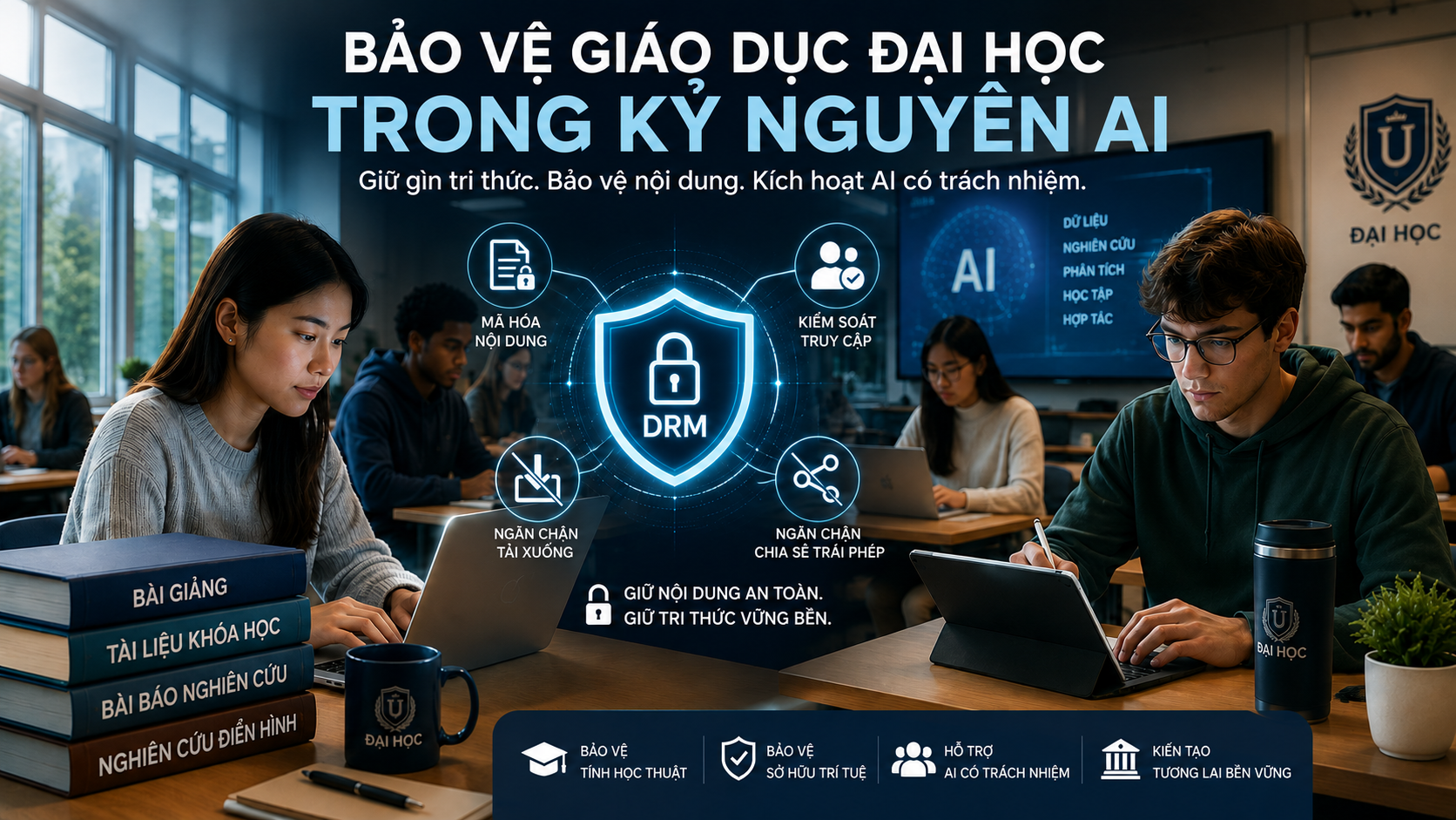 AI trong giáo dục đại học cùng với video bài giảng, tài liệu khóa học và tài sản trí tuệ của trường được bảo mật.