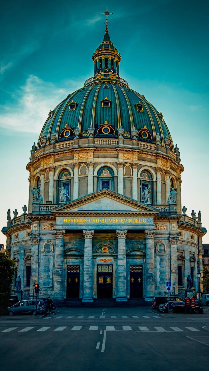 Stunning view of Frederik's Church, a Rococo architectural masterpiece, in Copenhagen at dusk