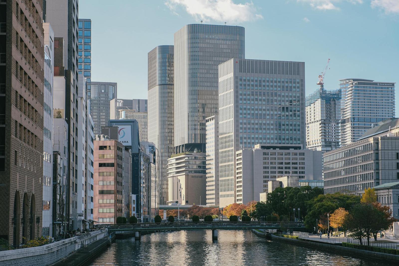 Modern office towers rising above a calm city canal lined with autumn trees