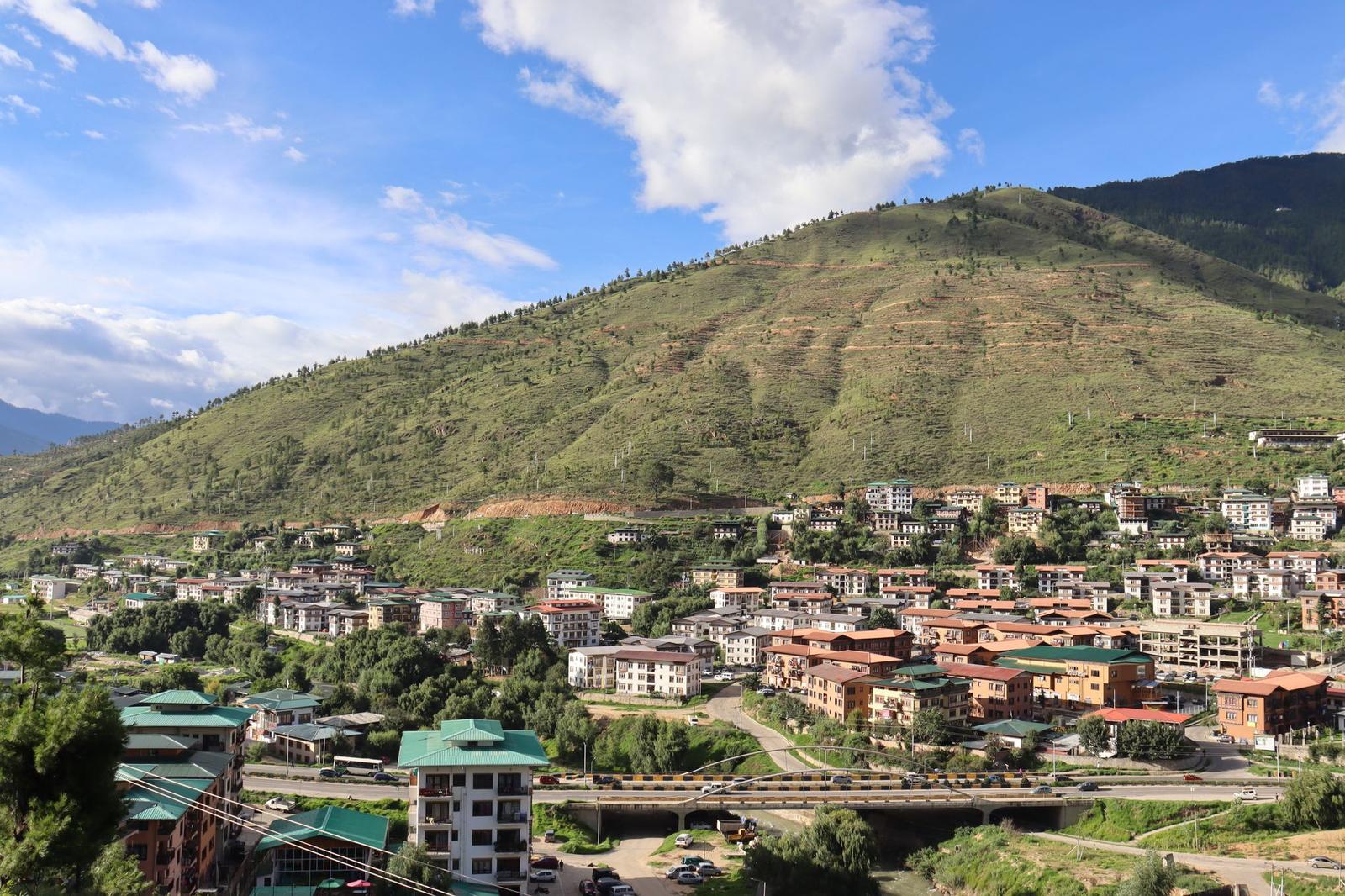 A hillside town of green-roofed buildings beneath a forested mountain