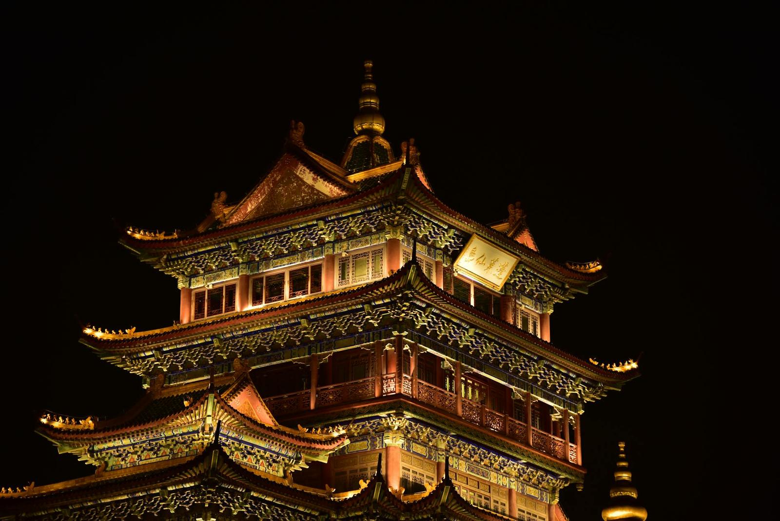 Multi-tiered pagoda roof illuminated in gold against a dark night sky