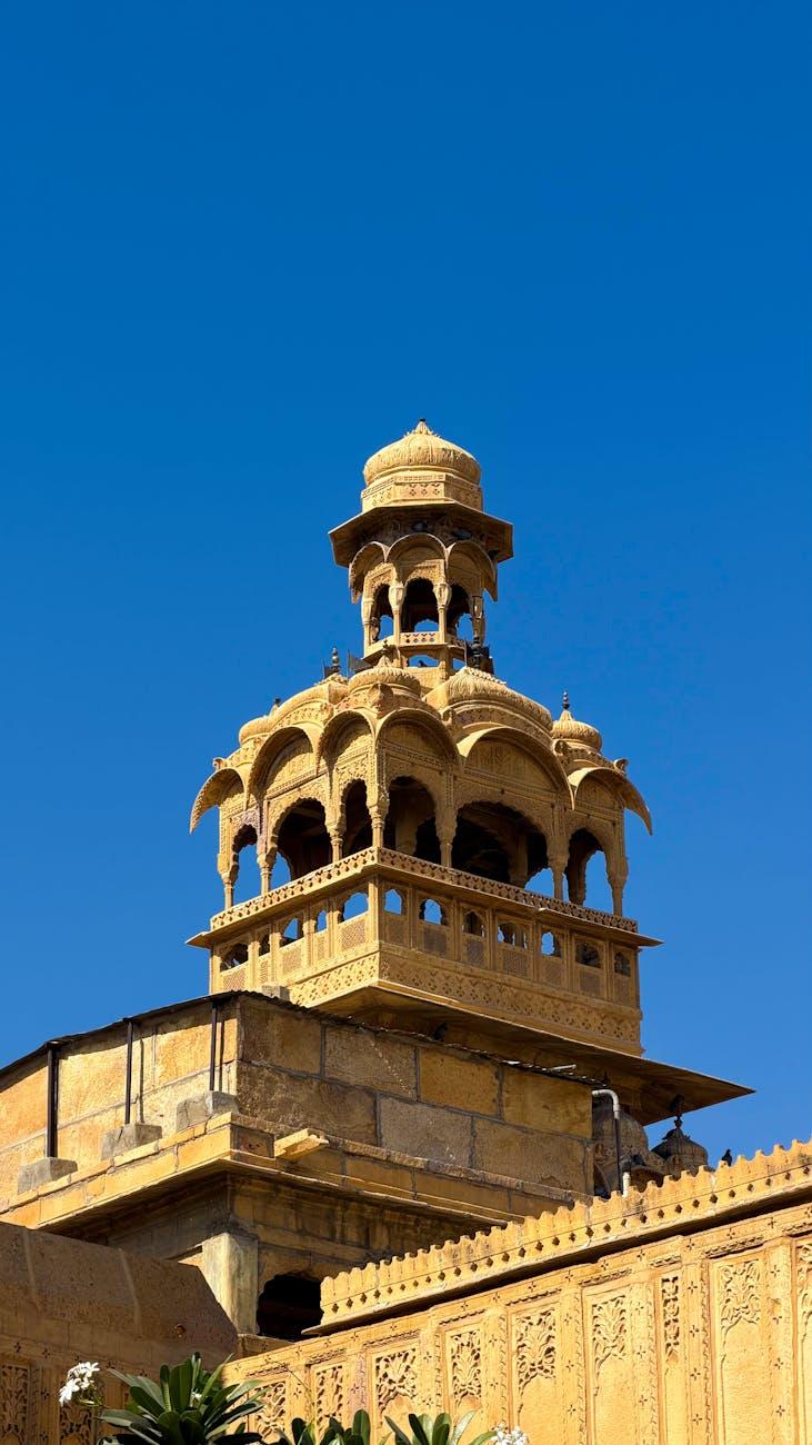 Stunning view of traditional architecture in Jaisalmer, Rajasthan against a clear blue sky