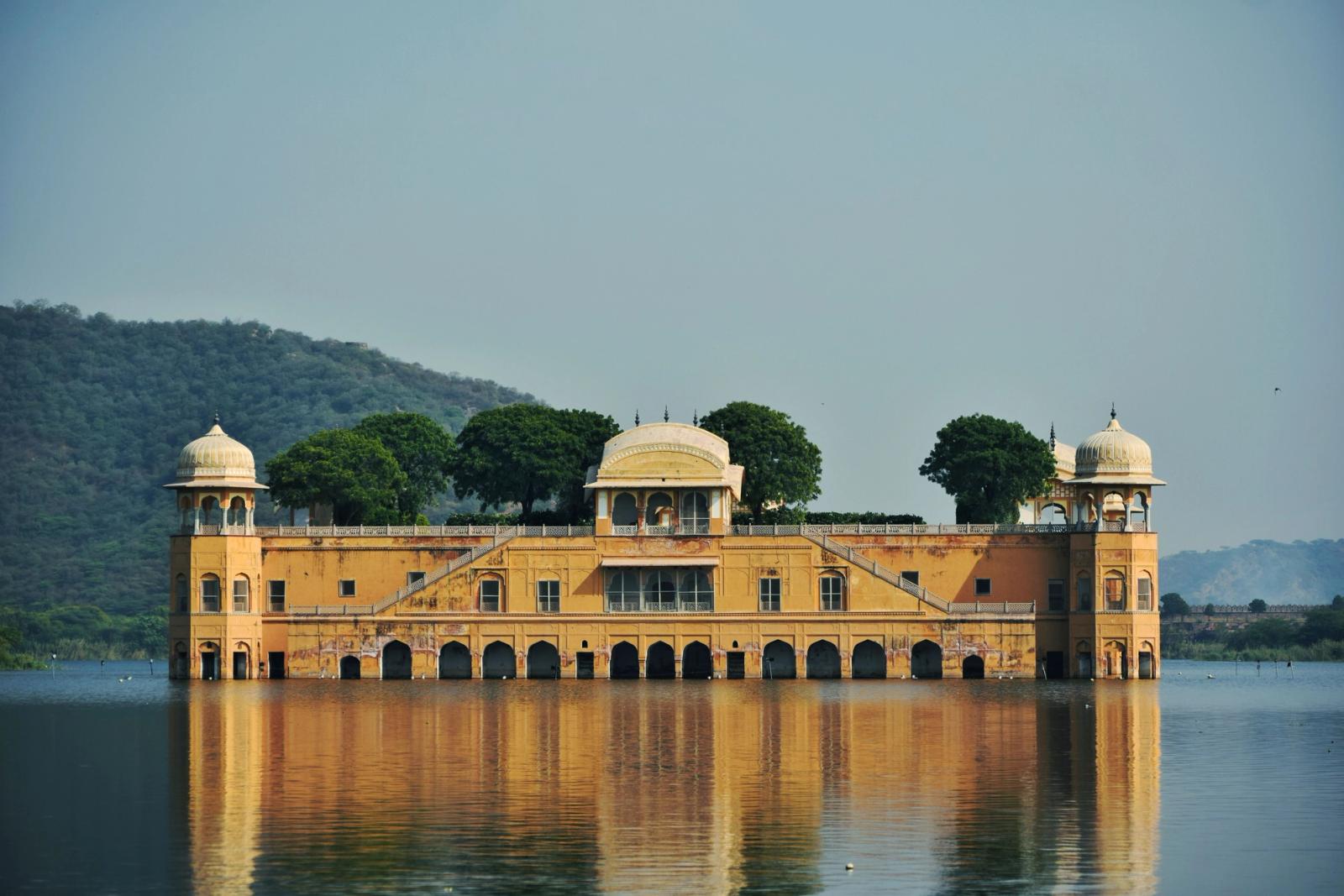 Beautiful view of Jal Mahal Palace in Rajasthan, India surrounded by water and nature
