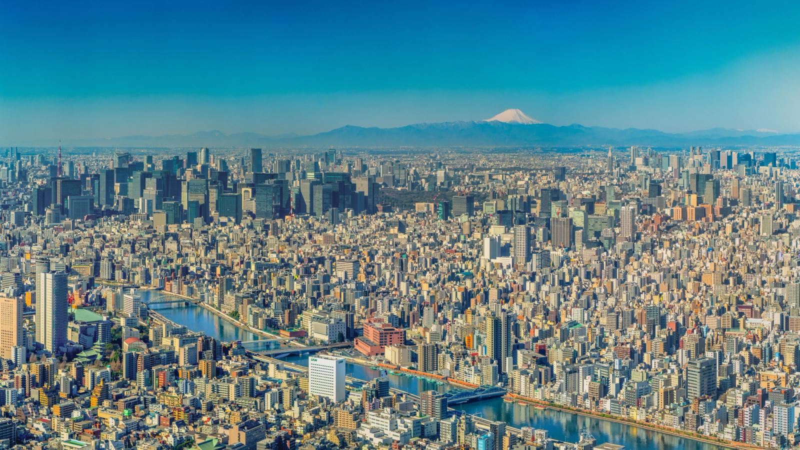Panoramic view of Tokyo cityscape with Mount Fuji in the distance