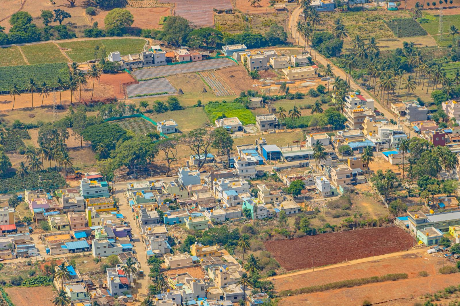 Colorful aerial view of Nandi Hills town and surrounding landscape, Karnataka, India