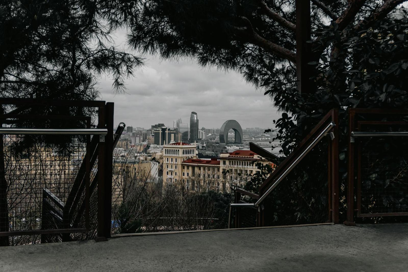 View of Baku's skyline and unique architecture, framed by trees from a hilltop vantage point