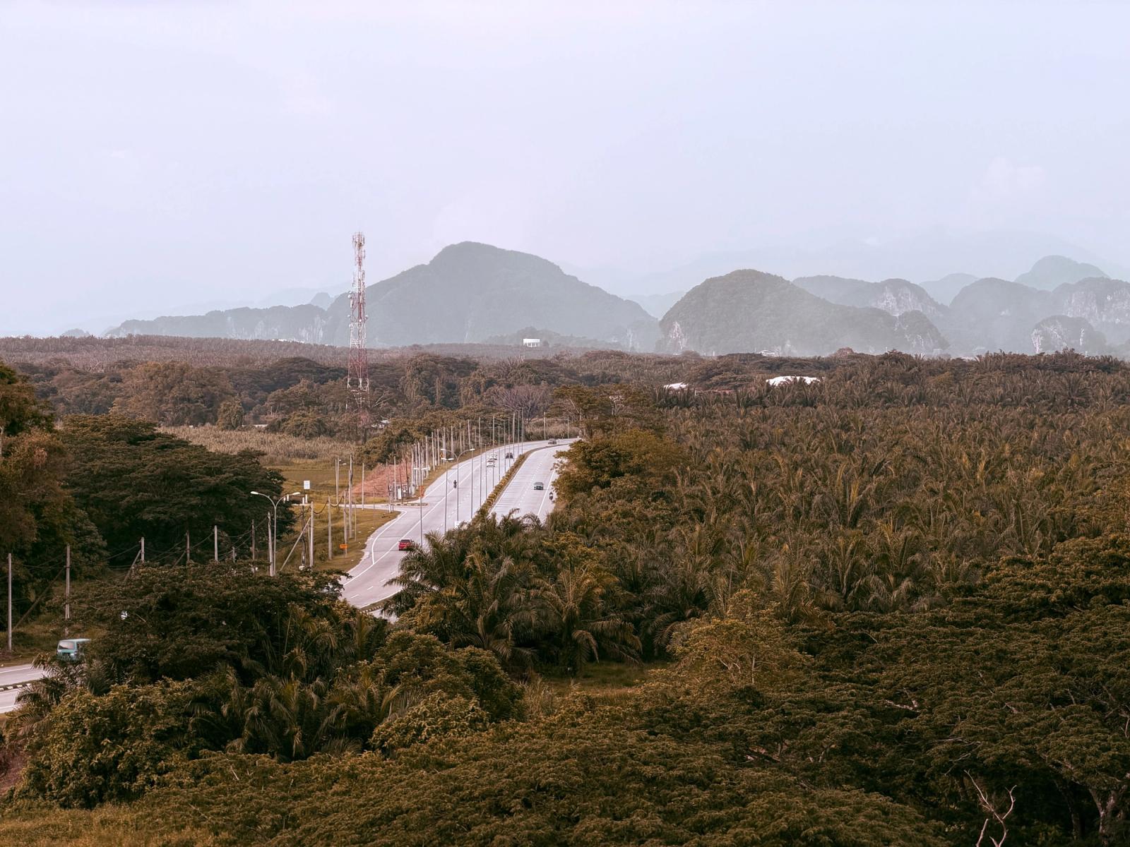 Aerial view of a road winding through lush forests with distant mountains in Malaysia