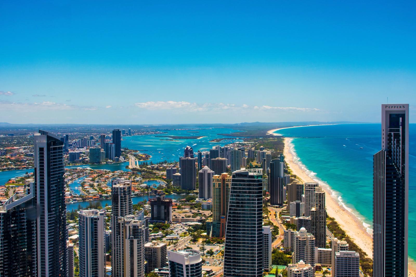 Breathtaking aerial cityscape of Gold Coast's skyscrapers, beaches, and ocean